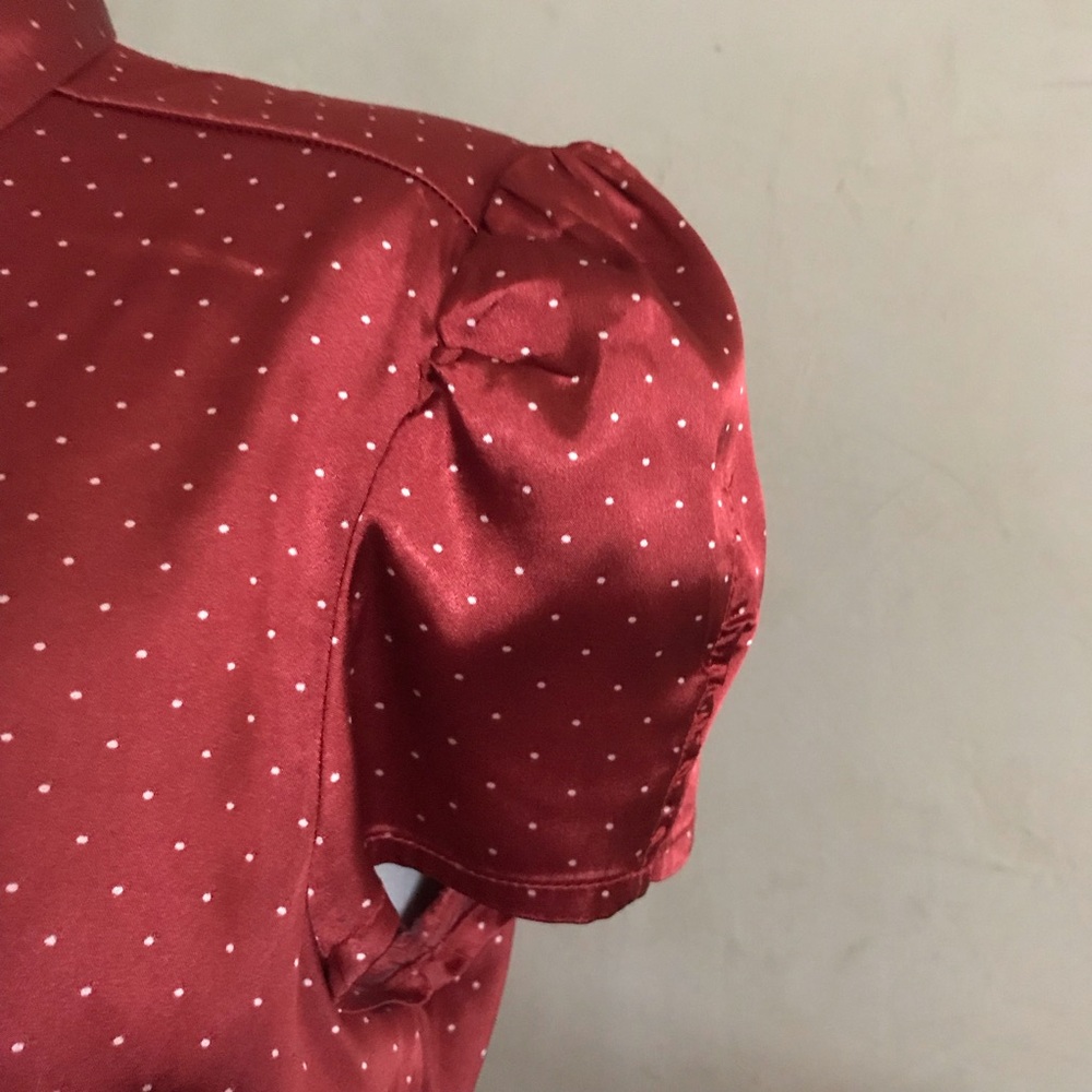Red Satin Button-Up Blouse - Picture 5 of 9